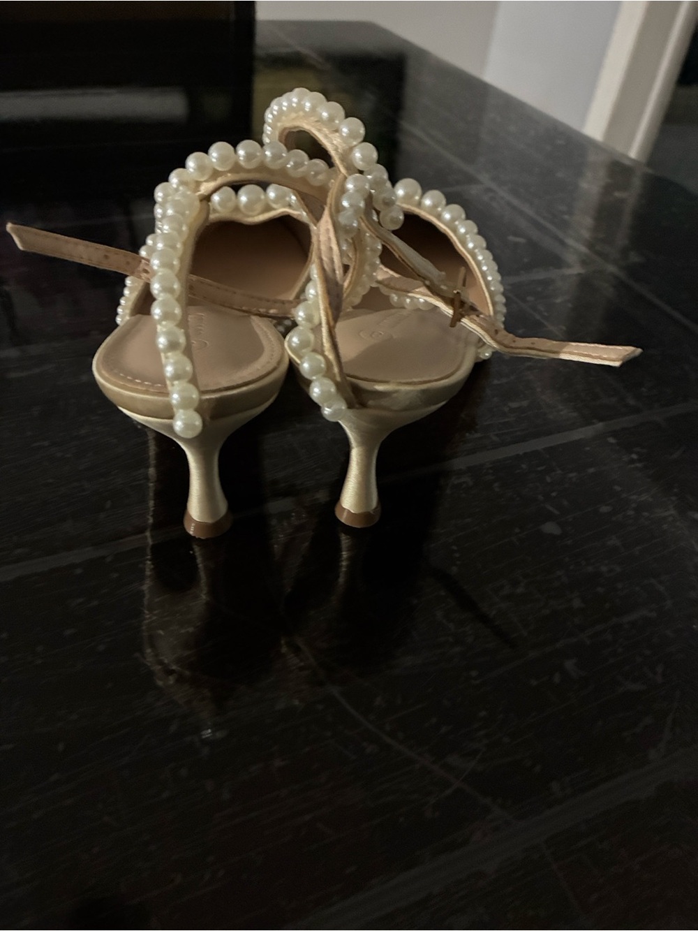 Pearl-Embellished Cream Mid-Heel Sandals